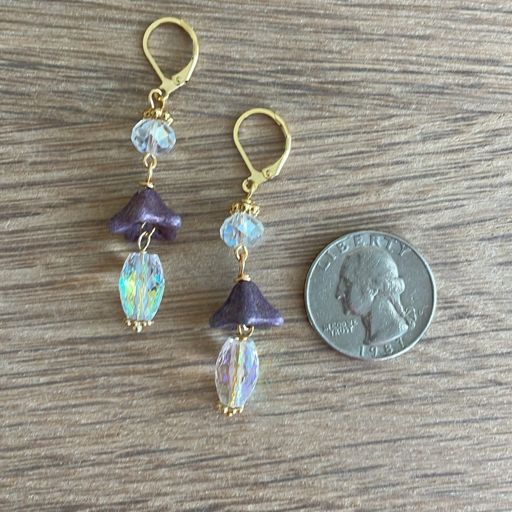 HAND CRAFTED PIERCED EARRINGS Dangling AB Crystals Purple Czech Beads - Picture 8 of 12